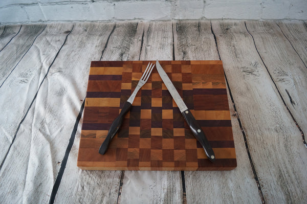 Maple, Purple Heart, Cherry and Mahogany End Grain Cutting Board.