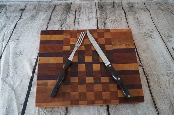 Maple, Purple Heart, Cherry and Mahogany End Grain Cutting Board.