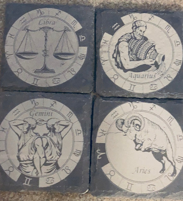 Laser engraved coasters of Libra, Aquarius, Gemini, Aries