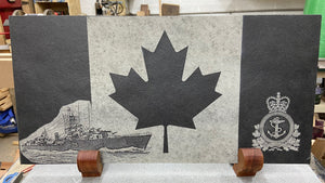 Laser engraved 24 inch x 12 inch black slate of the HMCS Haida, The Canadian Royal Navy emblem on the Canadian Flag.