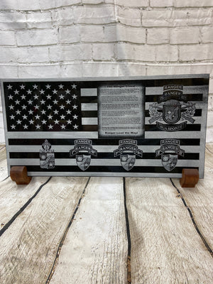 The 75th Ranger Regiment is an elite fight force for the US Army. So we made this flag for those hard-hitting warriors. This black granite laser engraved flag has The Ranger Creed, 75th Ranger Regiment tab, crest, 75th Ranger Regimental crest and all three battalions tabs. 