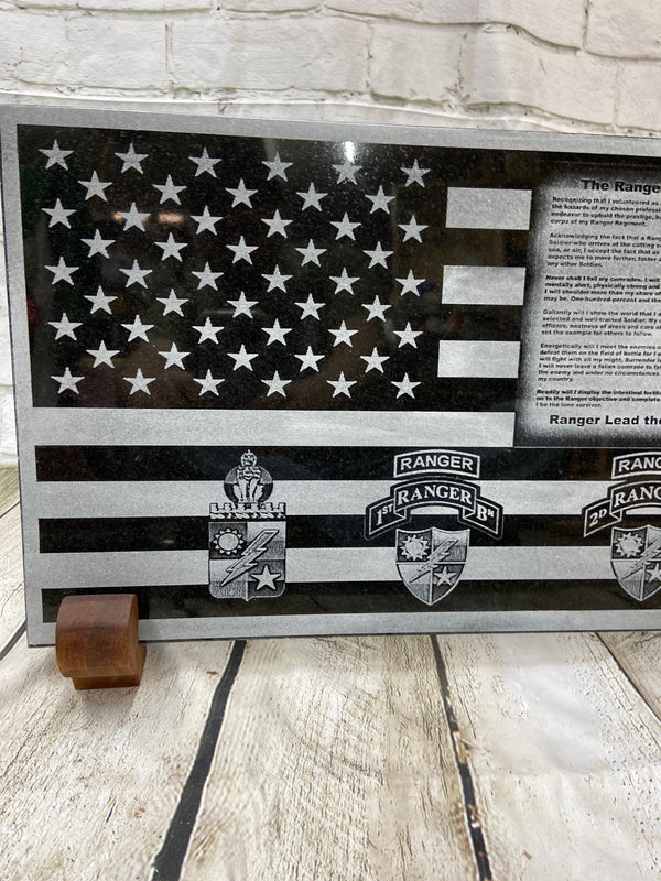This is a closer look at the left side of the flag. At the bottom left you have the 75th Ranger Regimental crest, Then to the right of the crest you have the Ranger tab, 1st Ranger Battalion Tab and 75th crest all stacked with the crest being on the bottom.