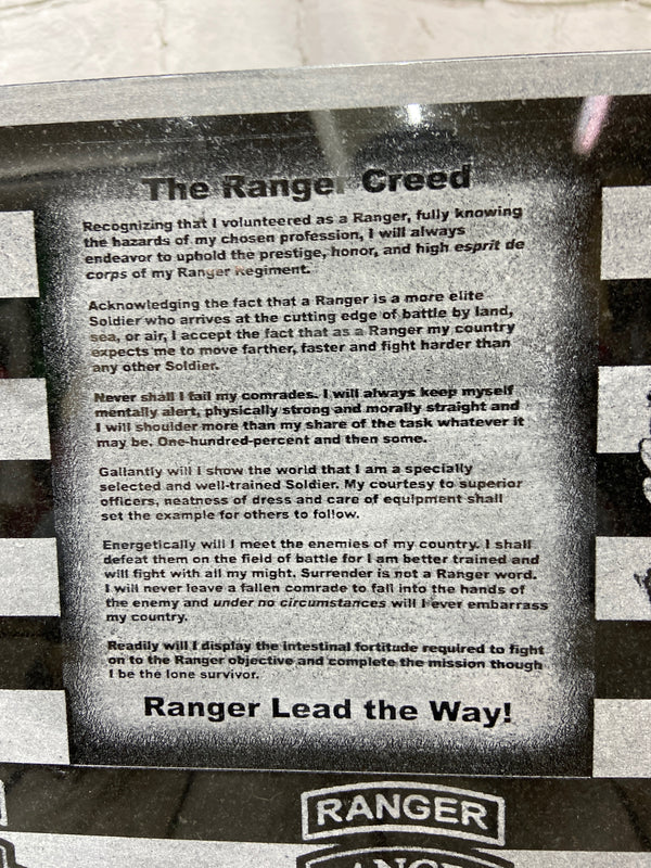 Close up of the section of the flag that has The Ranger Creed.