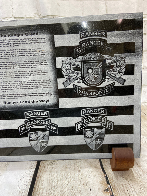 A close up of the right side of the flag. Here you see starting top left is the Ranger Creed, then to the right of that is the Ranger tab, 75th Ranger Regiment tab, Airborne with cross rifles, 75th Ranger flash with 75th crest and Sua Sponte scroll. Now to the bottom left and right they are the same except for the middle tab. They both start off with the Ranger tab, then the Left one has 2nd Ranger Regiment tab, the Right one has 3rd Ranger Regiment tab and then they both have the 75th crest.